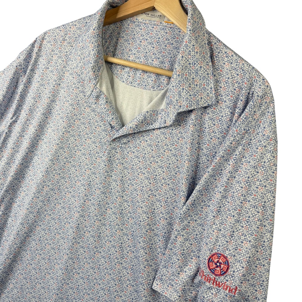 Peter Millar Mens XL Featherweight UPF 50+ Dice Crown Polo Shirt Whirlwind Blue